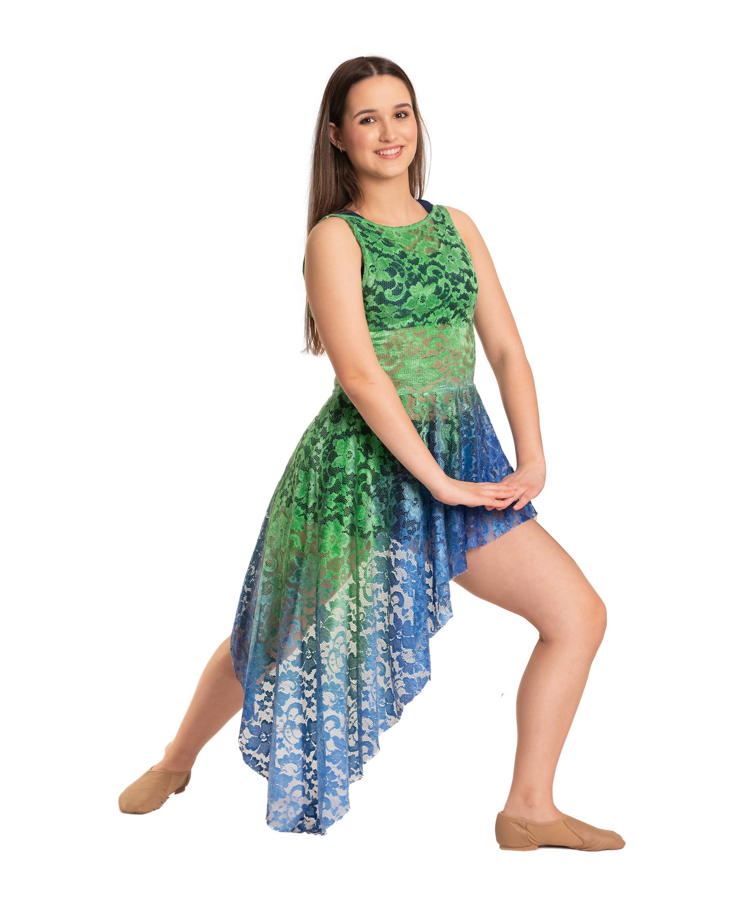 13B Sleeveless Open Back Overlay with Long Diagonal Hem – Bright Green to Royal Fade