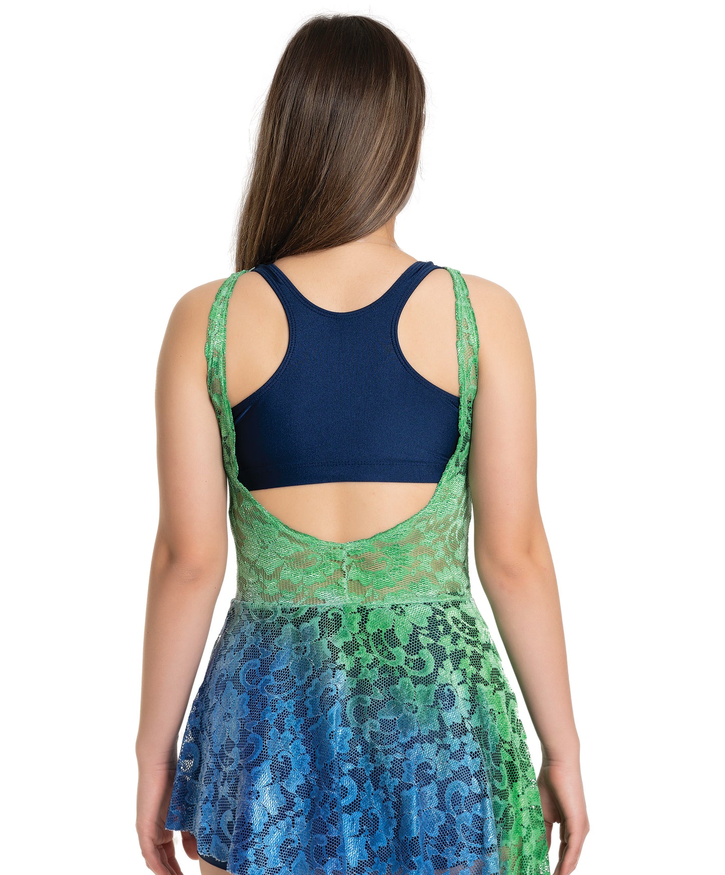 13B Sleeveless Open Back Overlay with Long Diagonal Hem – Bright Green to Royal Fade