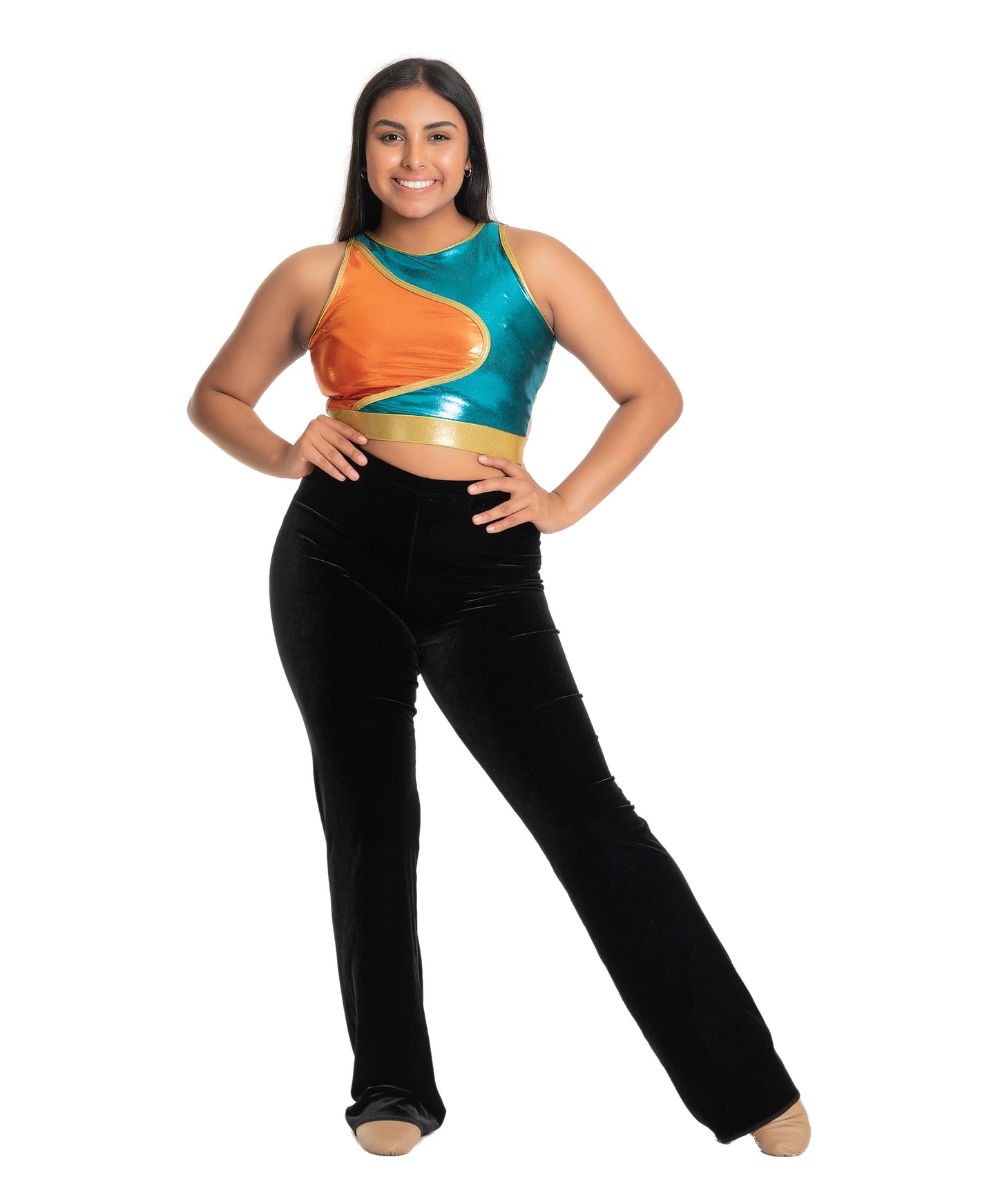 11E Hi-Neck Crop Top with Geometric Design & 11F Black Velvet Hi-Waist Legging