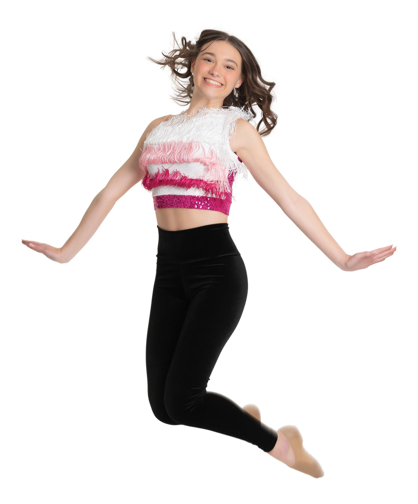 11C One-Shoulder Fringe Fade Crop Top & 11D Black Velvet Hi-Waist Legging
