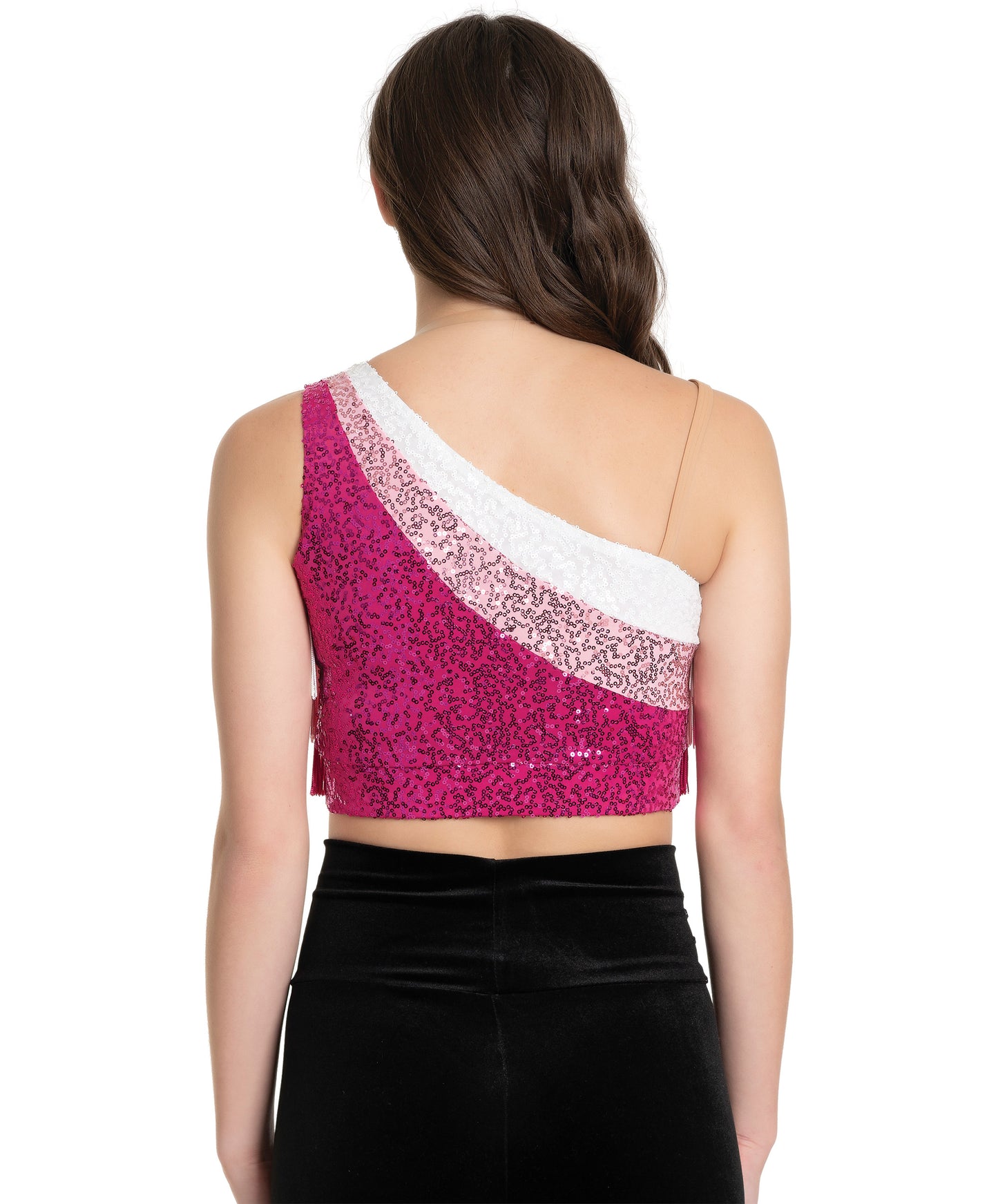11C One-Shoulder Fringe Fade Crop Top & 11D Black Velvet Hi-Waist Legging