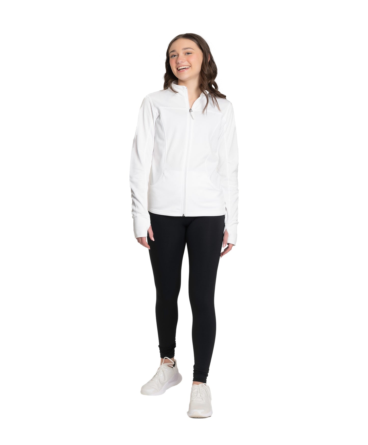 15J White Zip Front Warm-Up Jacket with Hidden Pockets & Thumb Holes
