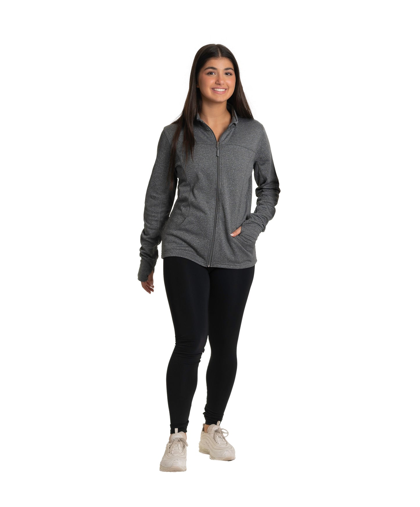 15H Dark Grey Heather Zip Front Warm-Up Jacket with Hidden Pockets & Thumb Holes