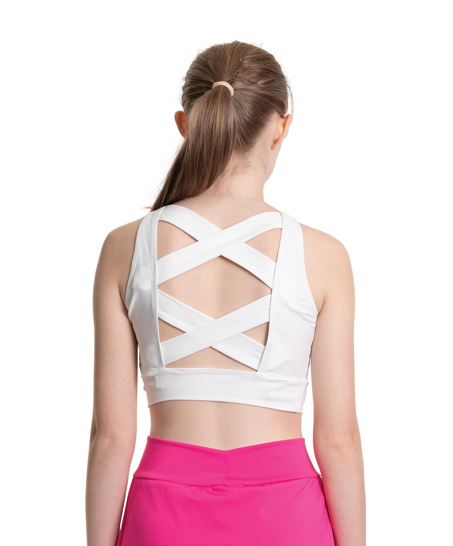 8A Hi-Neck Crop Top with Mesh Inset & 8B Neon Pink Ruffle Back Skort