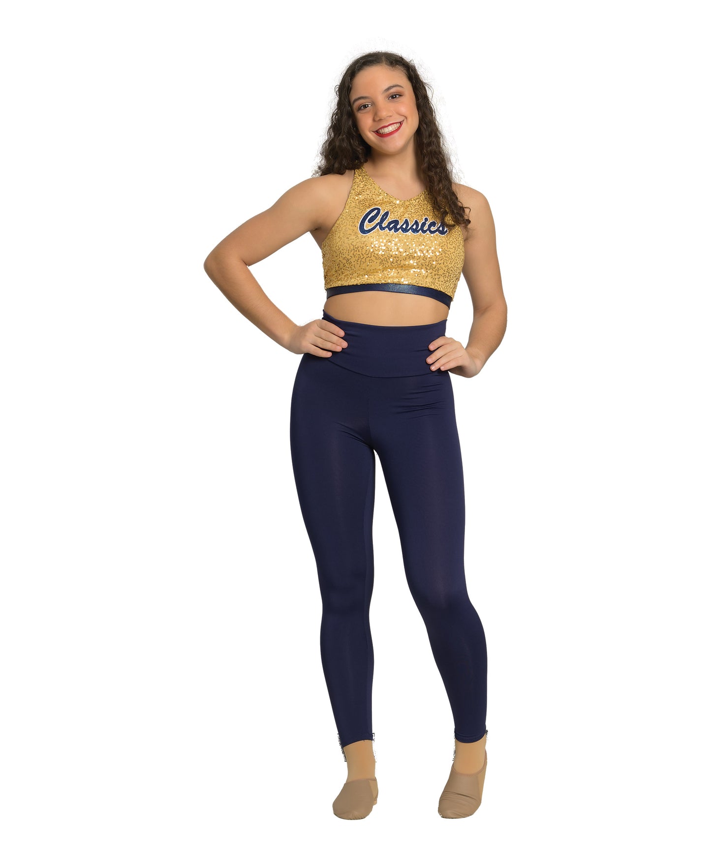 6C V-Neck X Back Crop with Gold Sequin & Liquid Navy Trim