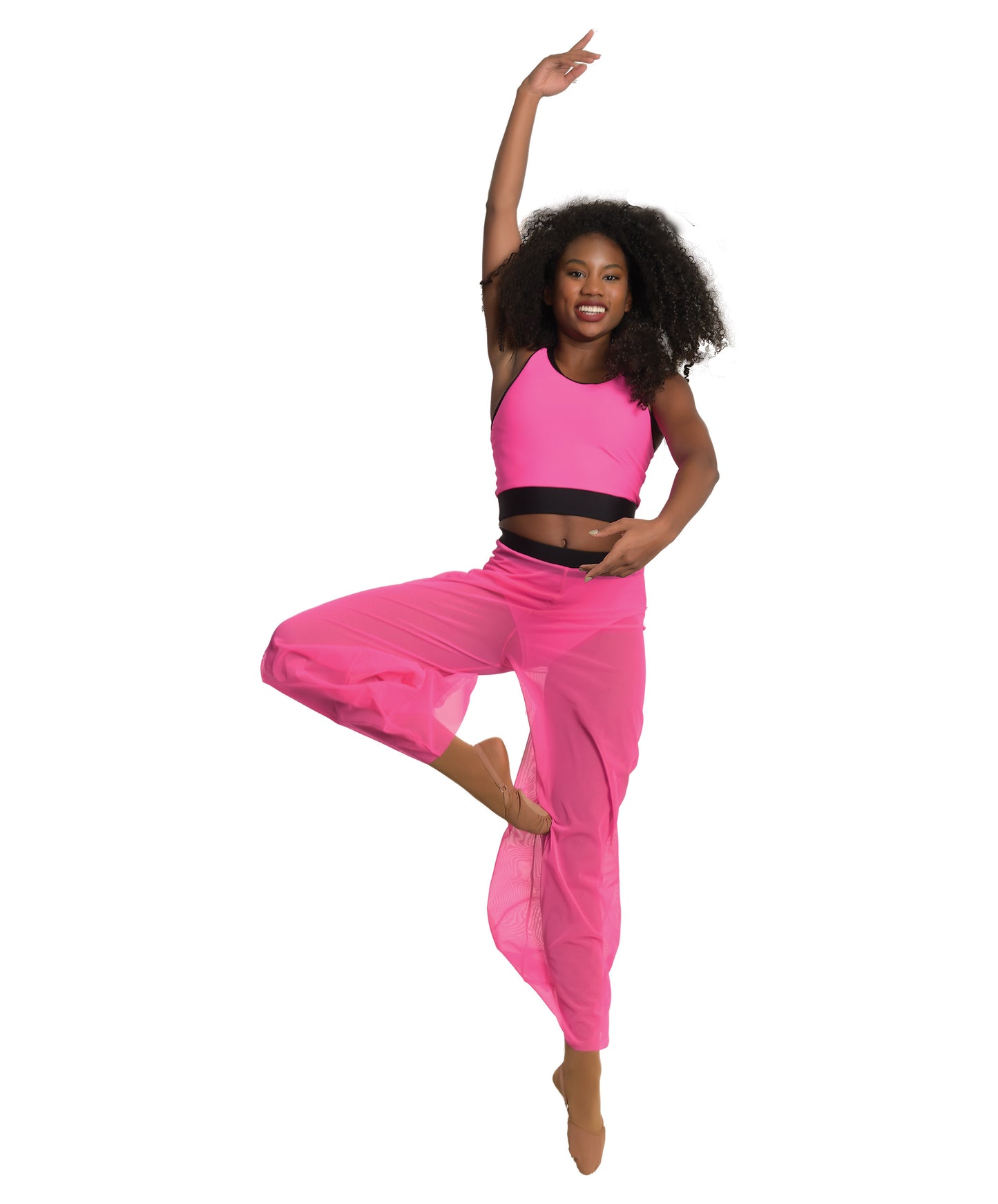 10E Neon Pink Modified V-Neck Strappy Back Halter Top with Black Trim & 10F Mesh Palazzo Pants