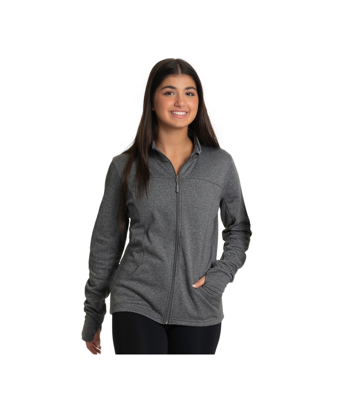15H Dark Grey Heather Zip Front Warm-Up Jacket with Hidden Pockets & Thumb Holes