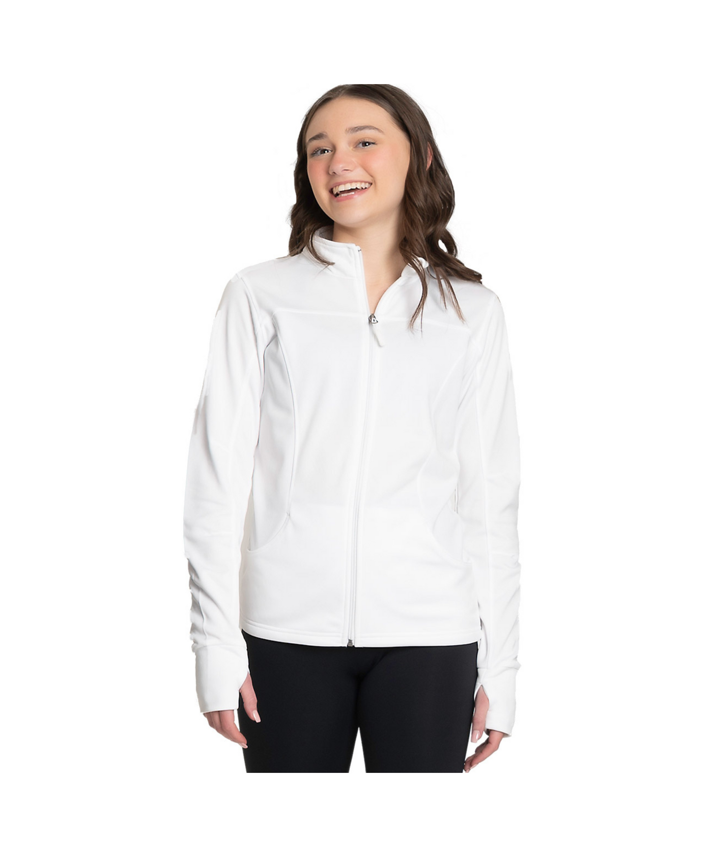 15J White Zip Front Warm-Up Jacket with Hidden Pockets & Thumb Holes