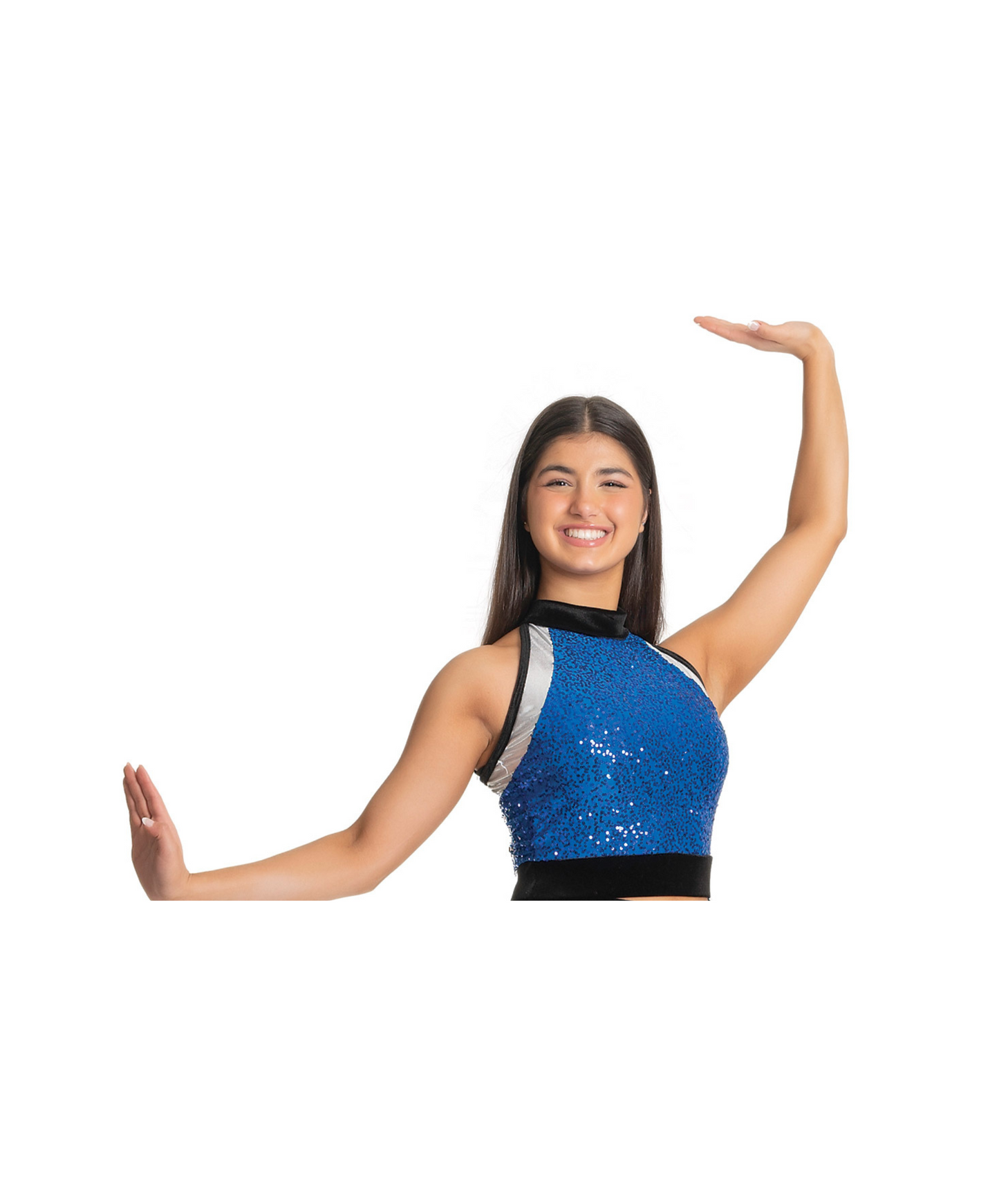 6E Royal Sequin Mock-T Halter Crop & 6F Black Sequin Ruffle Skort