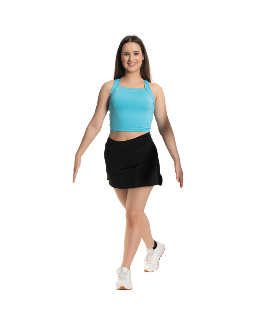 9H Racerback Square Neck Long Crop & 9I Black Wide Band Skort with Diagonal Overlay