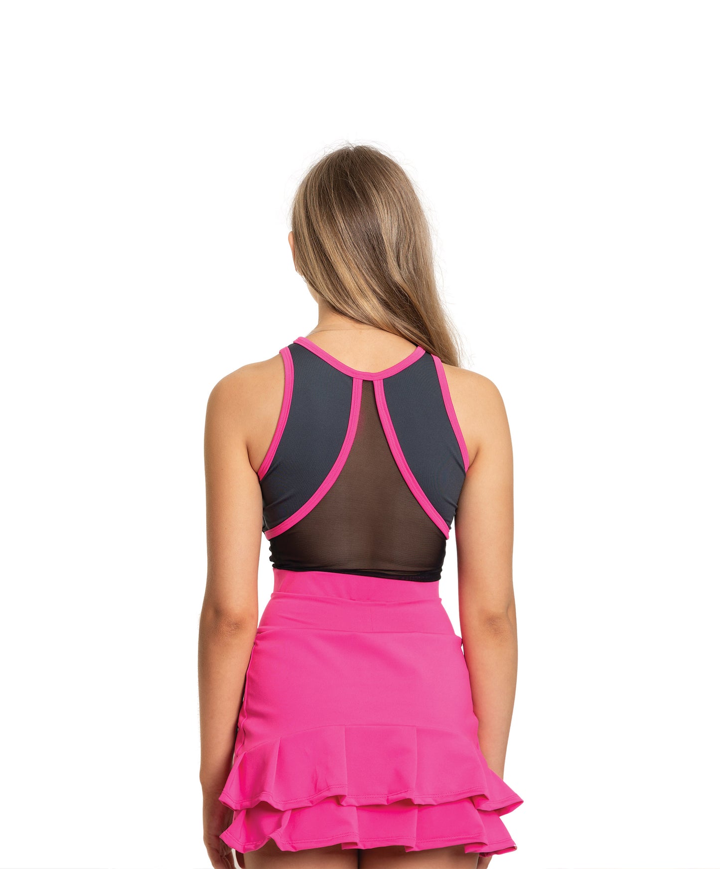 8G Hi-Neck Sleeveless Crop with Petal Back & 8H Neon Pink Ruffle Back Skirt