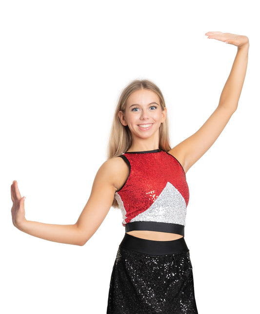 7F Sleeveless Boat Neck Crop with Geometric Design & 7G Pull-On Skirt with Diagonal Overlay