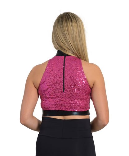 6D Mock-T Sleeveless Zip Back Crop with Fuchsia Sequin & Black Trim